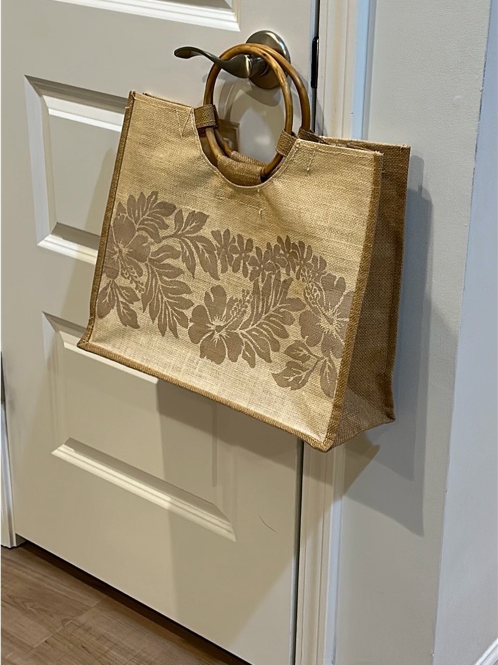 Woven Jute Tote Bag with Bamboo Handles - Natural